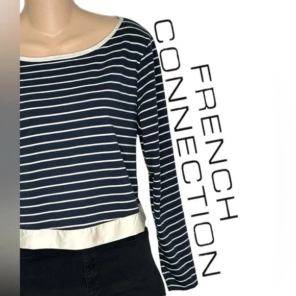 French Connection Cream & Blue Striped Cropped Nautical L/S Top Bows Petite XL - Picture 1 of 10